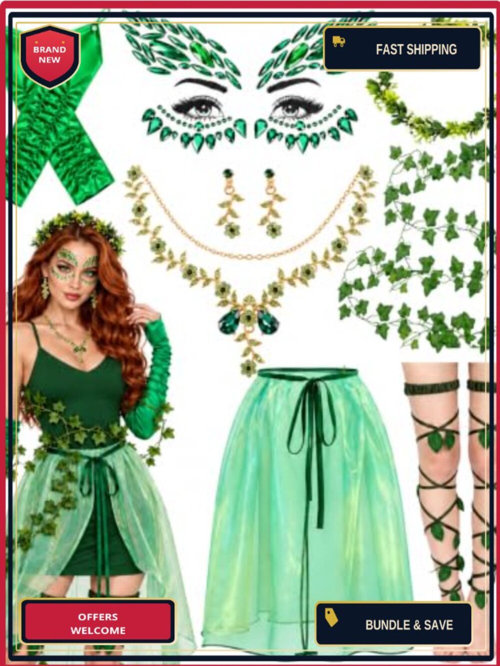 8 Pc Halloween Ivy Costume Accessories Set Women Leaf Crown Cape Gloves Fairy